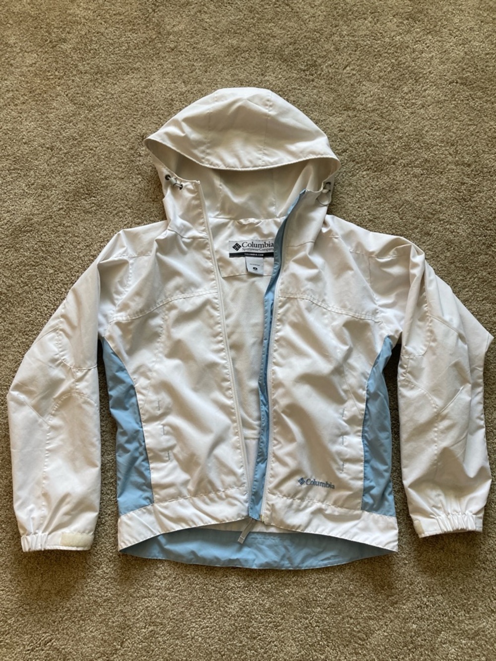 Columbia White Hooded Rain Jacket with Light Blue Trim
